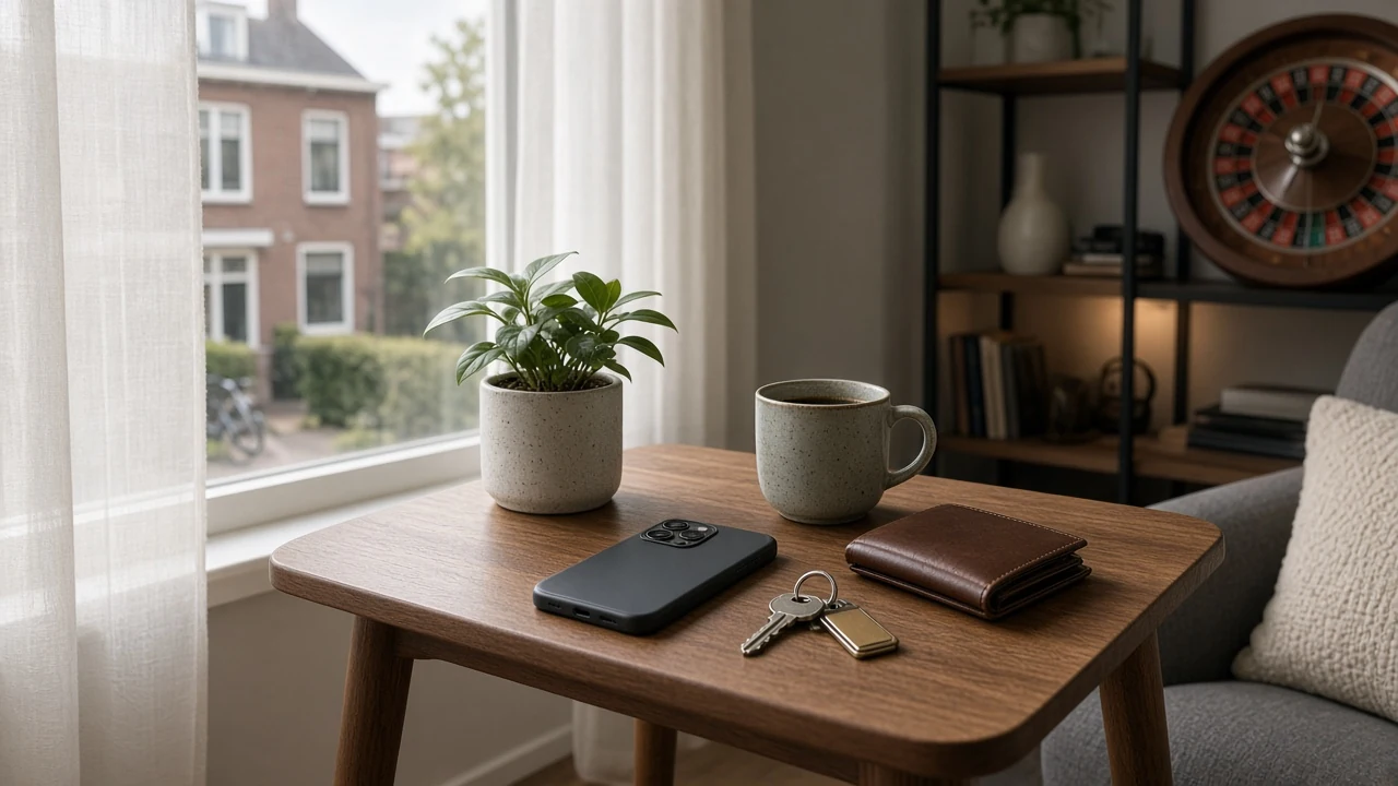 Smartphone portemonnee en roulettewiel in een Nederlands interieur