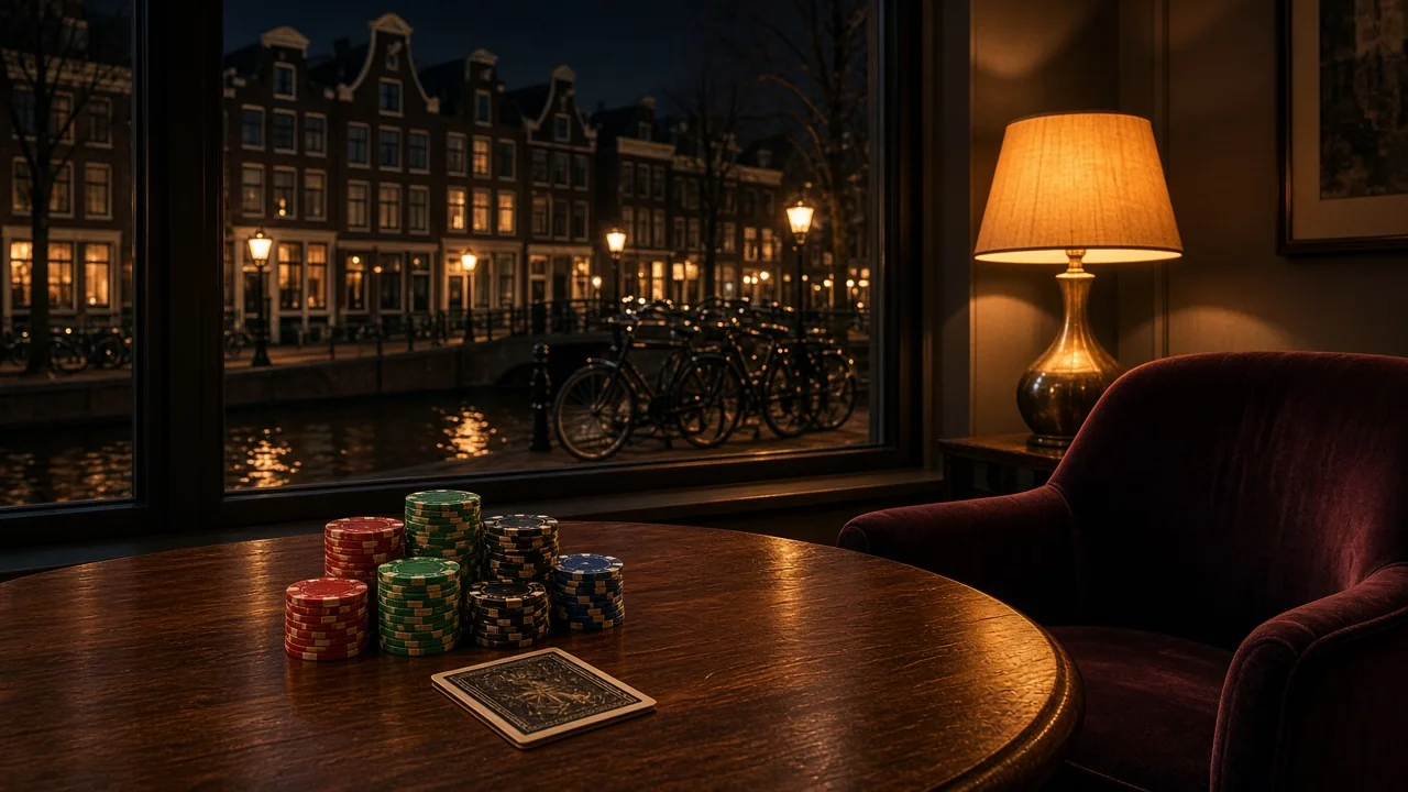 Sfeervolle casino lounge in Nederland met stapels fiches en zicht op Amsterdamse gracht