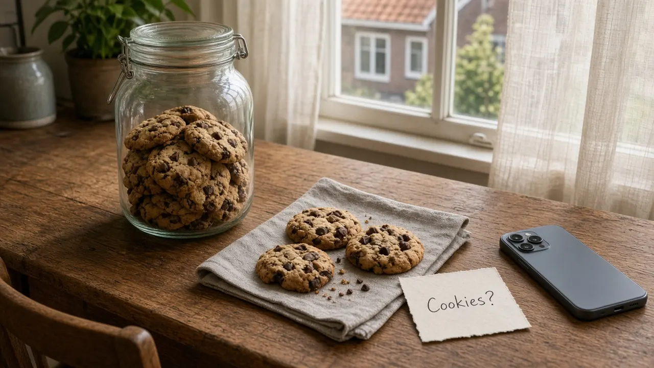 Glazen pot met chocolate chip cookies op een houten tafel naast een smartphone.