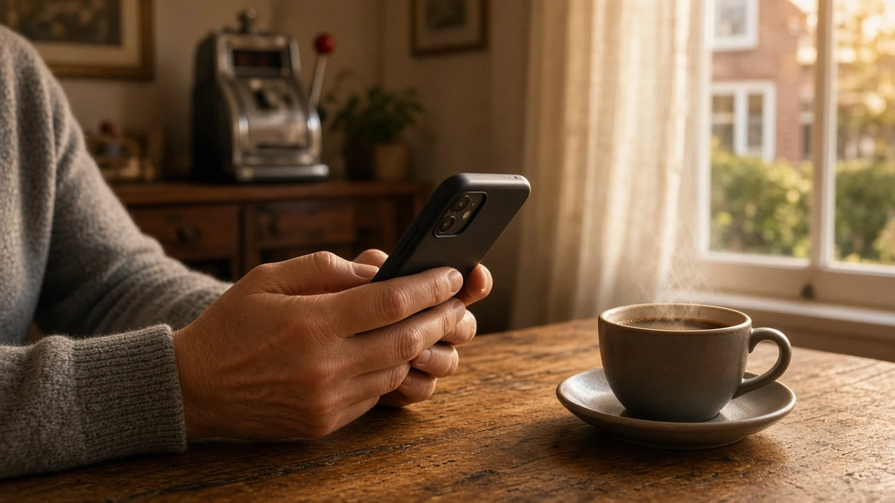 Handen houden een smartphone vast bij een oude gokkast in een Nederlands huis