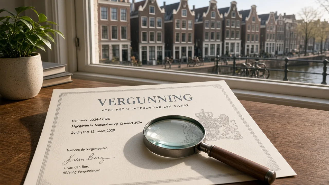 Vergrootglas op vergunningsdocument naast grachtenpand-raam