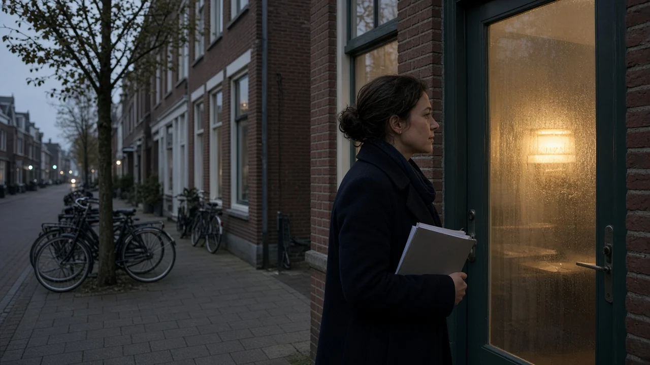 Persoon bekijkt een onduidelijke ingang op een Nederlandse straat