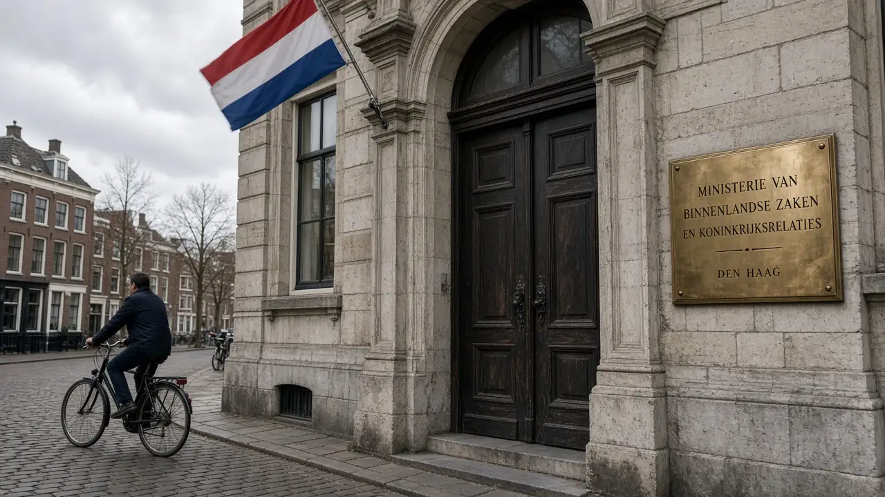 Stenen ingang van een Nederlands overheidsgebouw met vlag