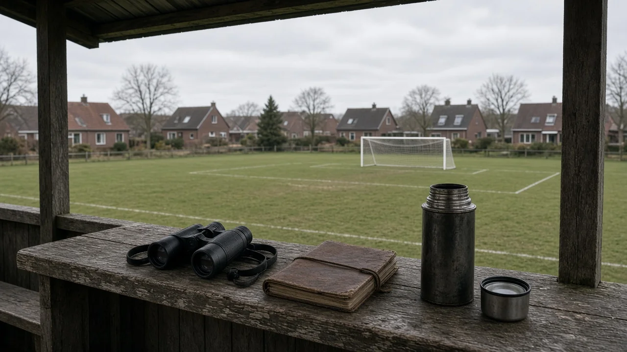 Verrekijker en notitieboek in een persbox boven een voetbalveld