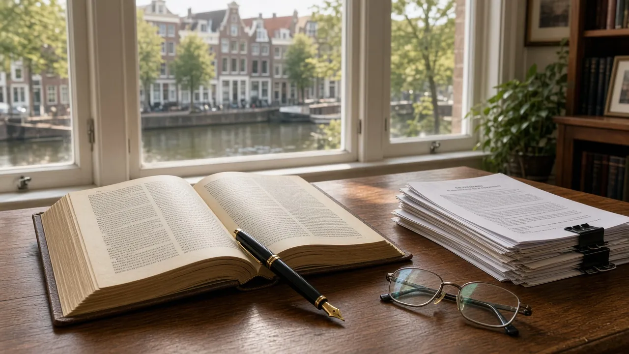 Houten bureau met juridisch boek, documenten en pen in een helder kantoor aan een gracht in Nederland