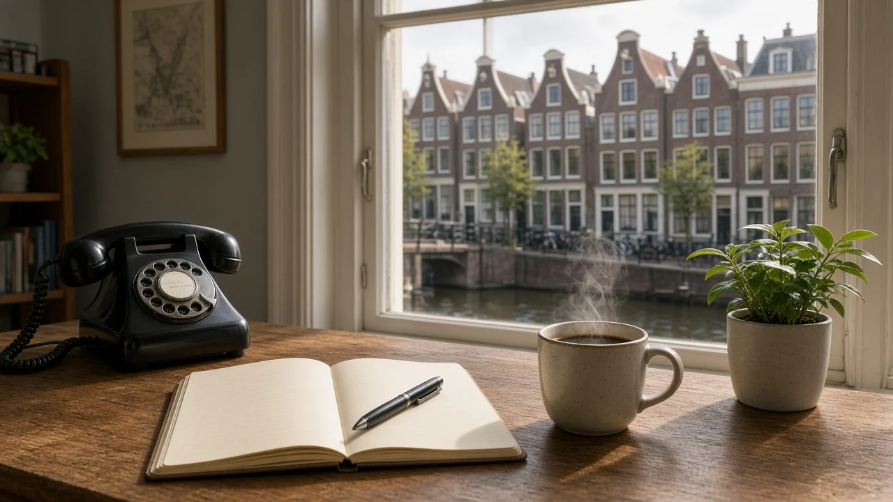 Houten bureau met notitieboek, koffie en telefoon voor een raam met uitzicht op Amsterdamse grachtenpanden