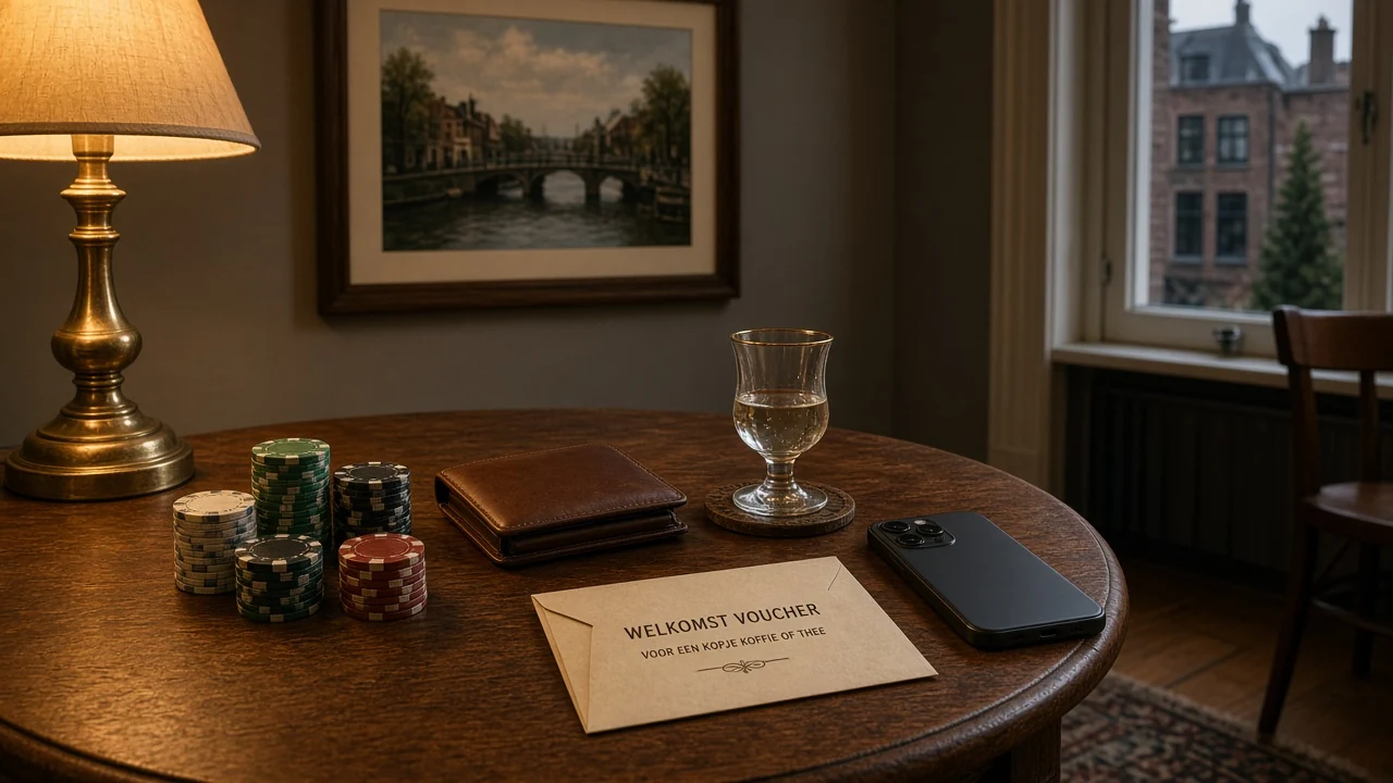 Sfeervolle loungeruimte met casinofiches, welkomst enveloppe en jenever op tafel.