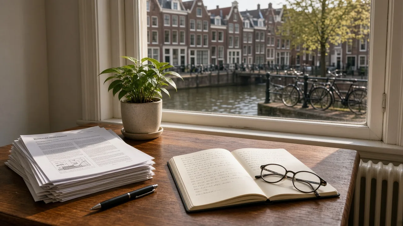 Een bureau met onderzoekspapieren en een notitieboek, uitzicht op een Amsterdamse gracht