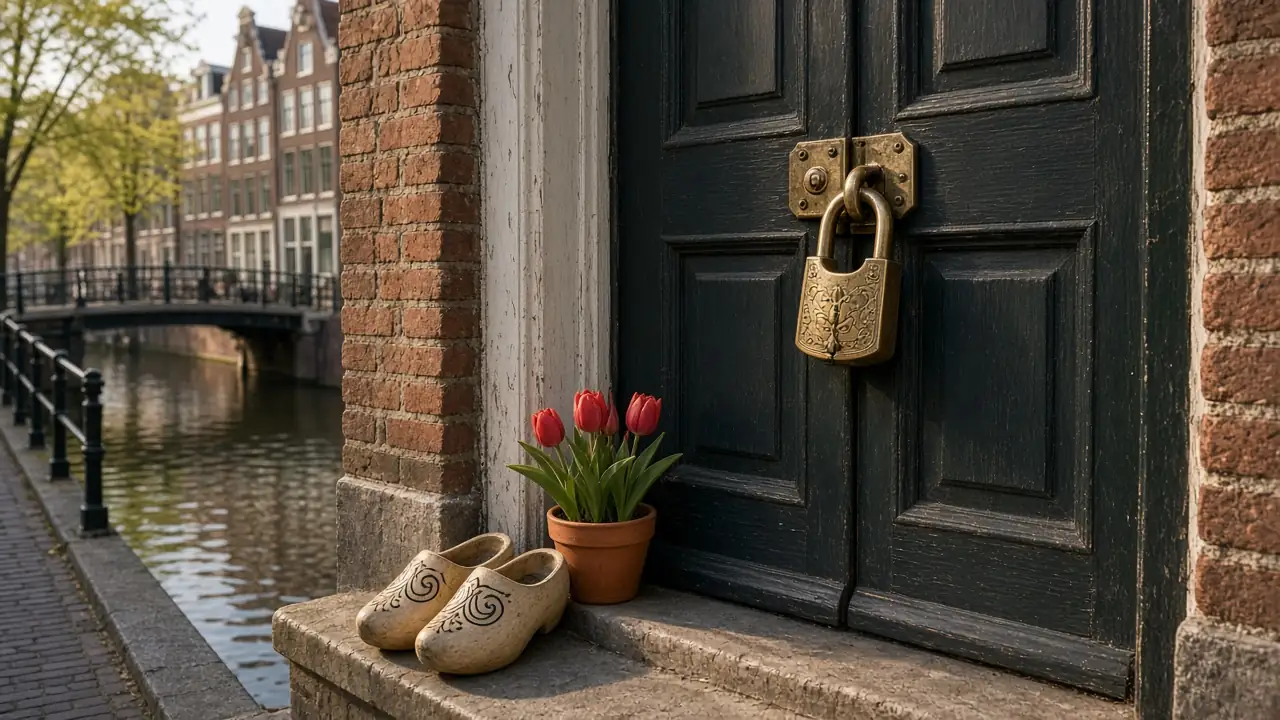 Hangslot op de voordeur van een Amsterdams grachtenpand