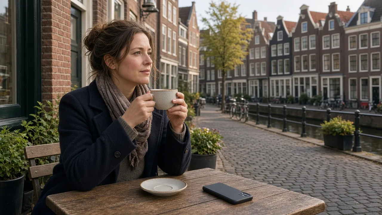 Persoon aan een cafétafel op een Nederlandse grachtenstraat, nadenkend voor zich uitkijkend met een kop koffie.