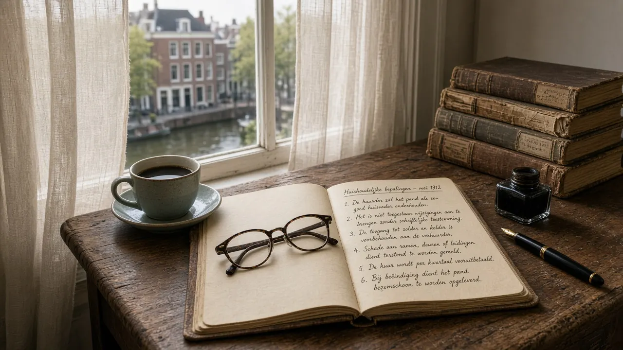 Een bureau met een geopend notitieboek van gebruiksvoorwaarden, een pen en een kop koffie in een Nederlands grachtenpand.